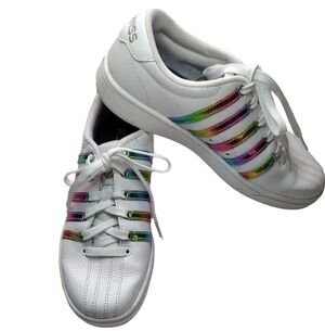 K-Swiss Court Pro II White Sneakers with Rainbow Metallic Stripe Accents